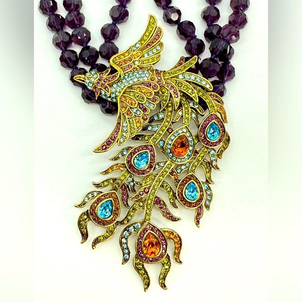 Heidi Daus “Peacock Alley” Necklace 3 Strand Amethyst Beads & Swarovski Crystals